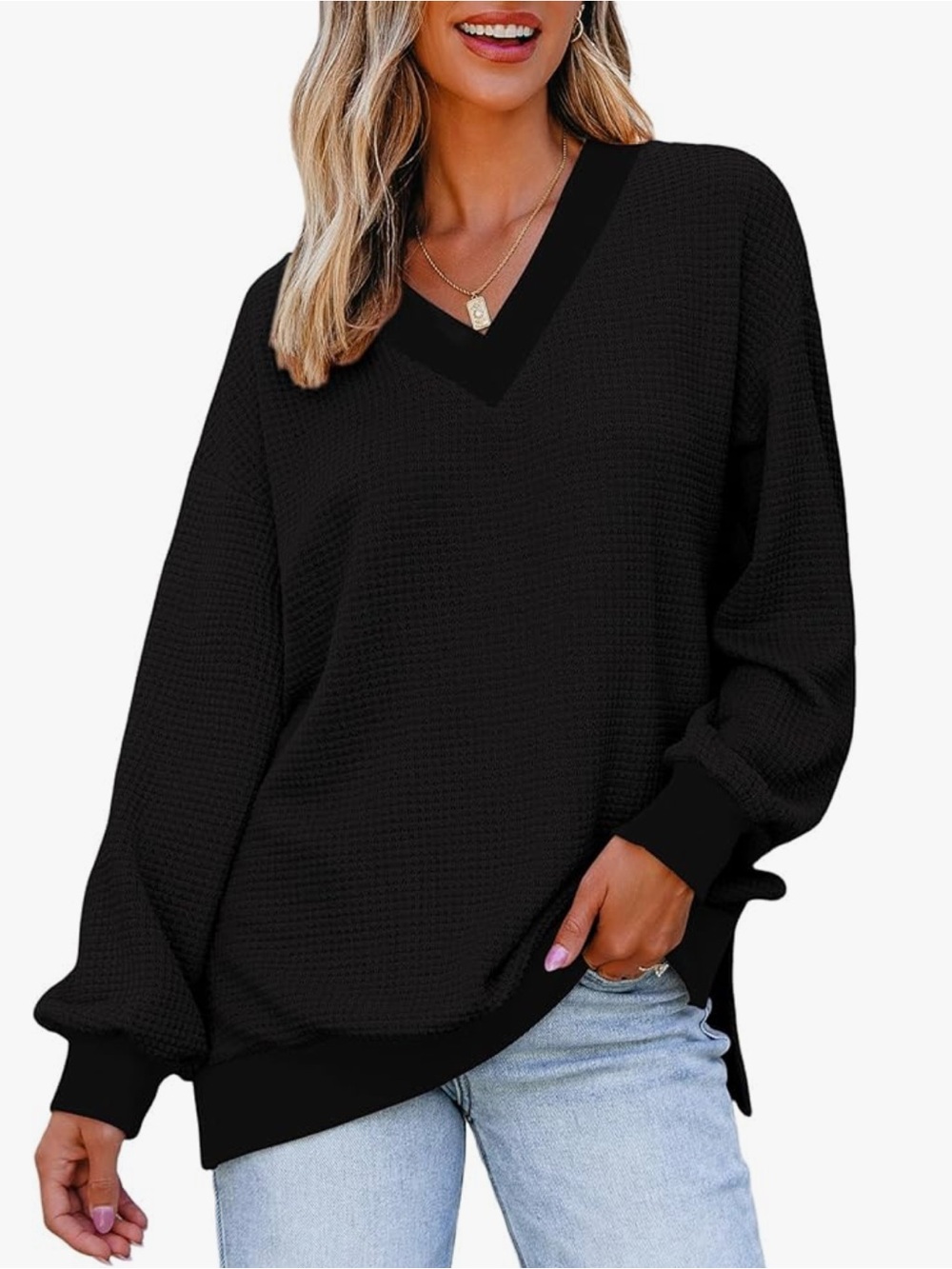 Dokotoo Black Waffle Knit V-Neck Sweater NWT Size S Oversized Off shoulder